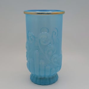 1970s Avon Bristol Blue Opaline Glass Vase – Art Deco Scroll Embossed, Gold Rim