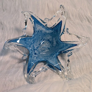 Vintage Murano Art Glass Starfish Bowl – Blue & Clear Sommerso Freeform Centerpiece