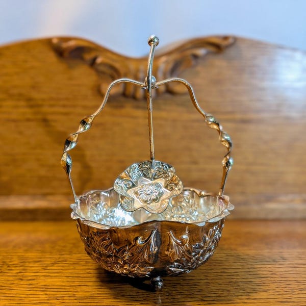 Vintage Mayell Silver Plated Jam Basket with Spoon, Repousse Floral Condiment Dish,