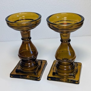 Vintage Amber Glass Candlestick Holders – Pair of Pedestal Pillar Candle Holders