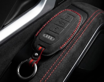 Protège-clés Audi Alcantara | Surpiqûres noires et rouges | Étui porte-clés personnalisé pour modèles A6, A7, Q8, Q7, SLine et RS (suède)