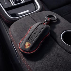 Porsche Alcantara Key Cover | Black And Red Stitching |  Custom Key Fob Case for 911, Macan, Cayenne, Panamera, Taycan