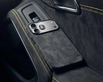 Funda de Alcantara para iPhone / Carcasa de gamuza gris oscuro / Compatible con iPhone 16, 15, 14, 13 y 12 / Protección fina y de lujo para teléfonos