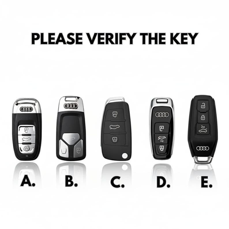 K&ouml;nnte beinhalten: Abbildung von f&uuml;nf schwarzen Autoschl&uuml;sseln mit silbernen Akzenten, beschriftet mit A bis E. Der Text "PLEASE VERIFY THE KEY" steht oben. Jeder Schl&uuml;ssel hat eine andere Tastenanordnung und ein anderes Design.