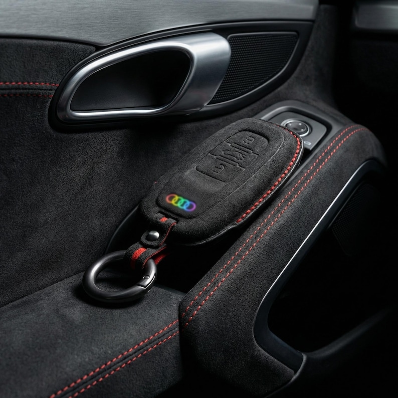 K&ouml;nnte beinhalten: Eine schwarze Wildleder-Autoschl&uuml;sselh&uuml;lle mit einem regenbogenfarbenen Audi-Logo und roten N&auml;hten. Der Schl&uuml;sselanh&auml;nger ist an einem schwarz-roten Schl&uuml;sselband mit einem Metallring befestigt. Der Schl&uuml;sselanh&auml;nger liegt auf einem schwarzen Innenraum mit roten N&auml;hten.