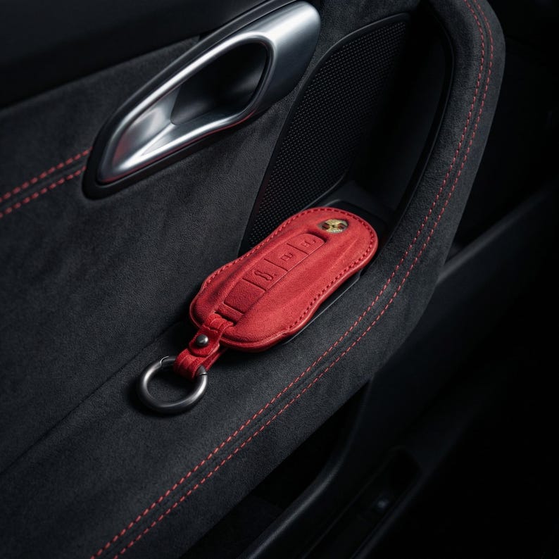 Porsche Alcantara Key Cover | Black And Red Stitching | Custom Key Fob Case for 911, Macan, Cayenne, Panamera, Taycan image 6
