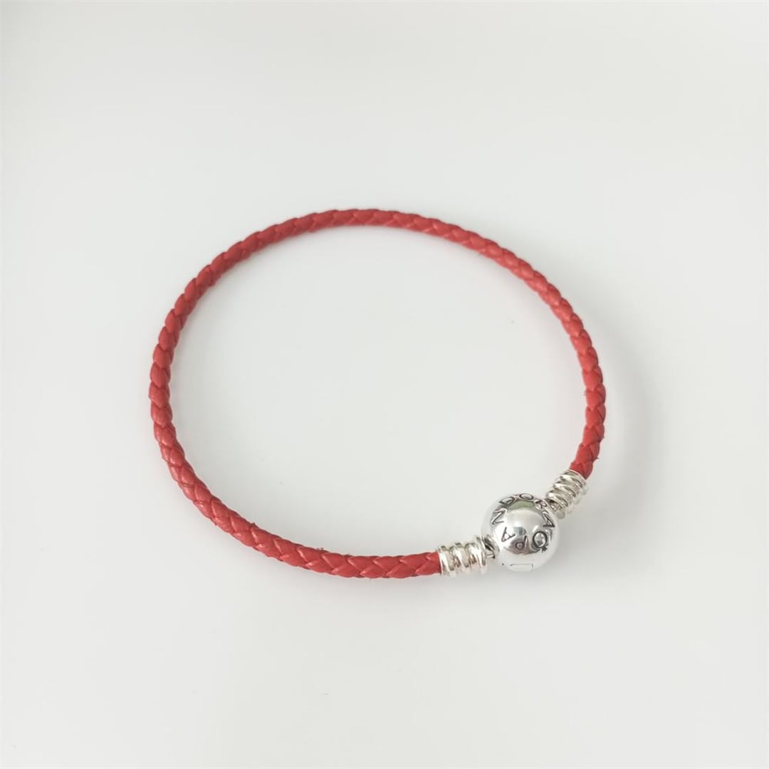 Pandora Sterling Silver Red LEATHER Charm Bracelet 16-21 Cm +