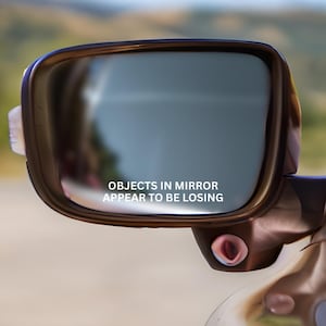 May include: A car side mirror with the text "OBJECTS IN MIRROR APPEAR TO BE LOSING". The mirror is rectangular with rounded corners and a dark brown frame. The background is a blurred view of a road and trees.
