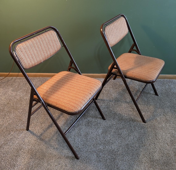 2 Vintage 1980s Samsonite Padded Tweed Orange/brown Folding Chairs