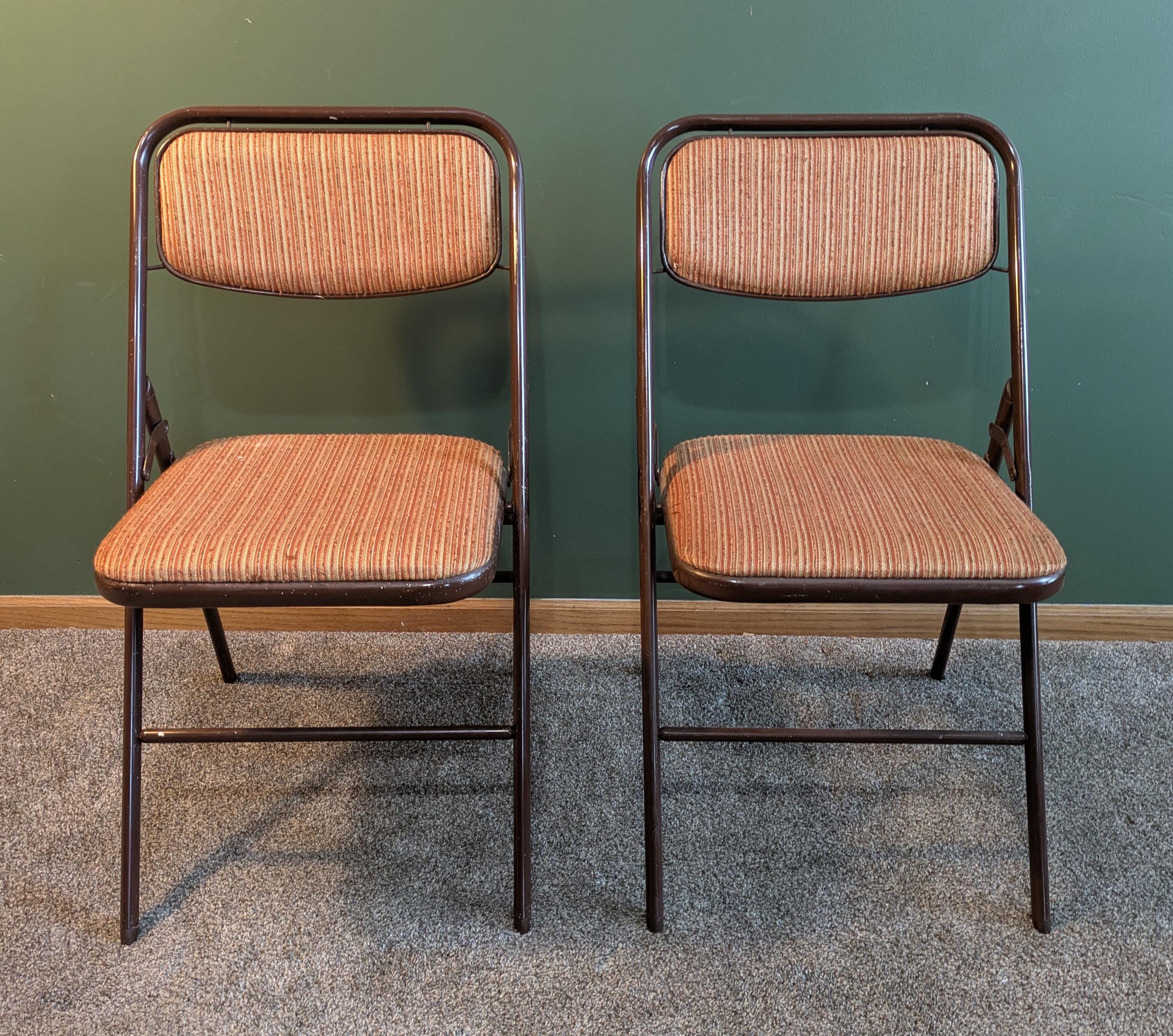 2 Vintage 1980s Samsonite Padded Tweed Orange/brown Folding Chairs
