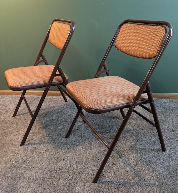 2 Vintage 1980s Samsonite Padded Tweed Orange/brown Folding Chairs