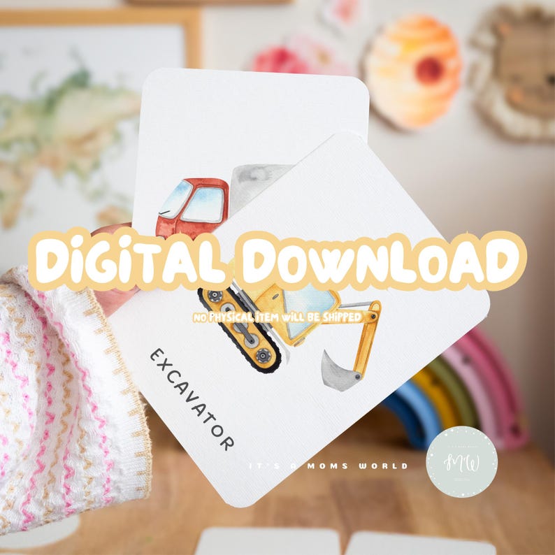 May include: Two white cards with watercolor illustrations of vehicles. One card features a red truck, and the other shows a yellow excavator with the word "EXCAVATOR" below. The text "DIGITAL DOWNLOAD" is across the top.