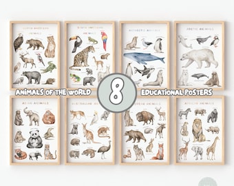 Set of 8 Educational Posters | Wild Animals Poster | Animals of the World | Kids Wall Art | Classroom Decor | Digital Download
