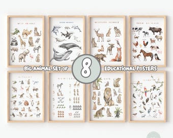 Set van 8 educatieve posters | Alfabetposter, boerderijdieren, wilde dieren, vogels, katten, cijfers, insecten | Muurkunst voor kinderen | Digitale download