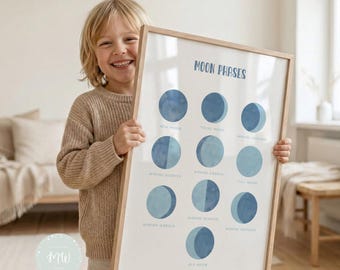 May include: A framed print titled "MOON PHASES" featuring illustrations of the moon's different phases in shades of blue. The print is held by a smiling child. The frame is made of light-colored wood. The text "IT'S A MOMS WORLD" is in the bottom left corner.