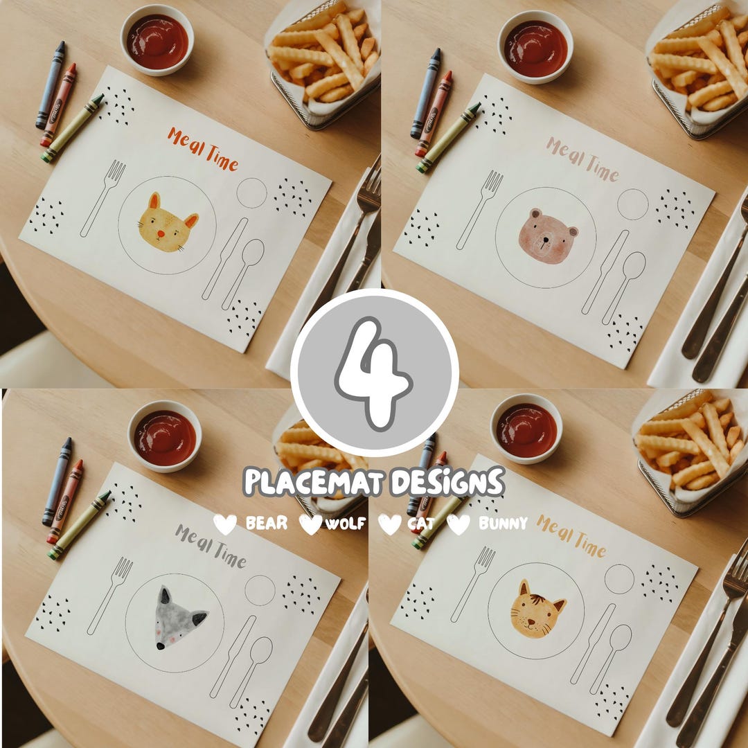 4 Printable Kids Placemats | Cat, Bunny, Wolf & Bear | Mealtime ...