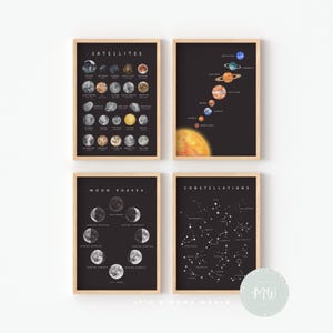 以下が含まれることがあります： 衛星、月の満ち欠け、星座、惑星を描いた、白黒の宇宙をテーマにした4枚のプリントのセット。プリントは黒い背景に白い文字で書かれています。
