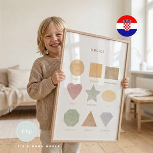 May include: A framed educational poster displaying various shapes in pastel colours. The poster has the word "OBLICI" at the top and shape names in Croatian. Shapes include a circle, square, heart, star, and diamond.