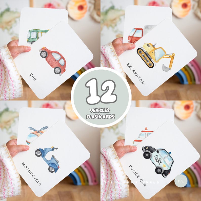 May include: A set of 12 vehicle flashcards. Each card features a watercolor illustration of a vehicle, including a car, excavator, motorcycle, and police car. The cards are held in a person's hands, with the vehicle names printed below each image.
