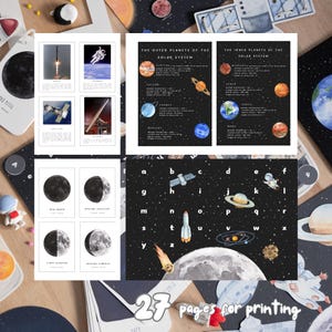 Może przedstawiać: Zestaw 27 stron do wydrukowania z ilustracjami o tematyce kosmicznej. Strony zawierają obrazy planet, rakiet, astronaut&oacute;w i księżyca. Tekst na stronach zawiera nazwy planet i fazy księżyca.