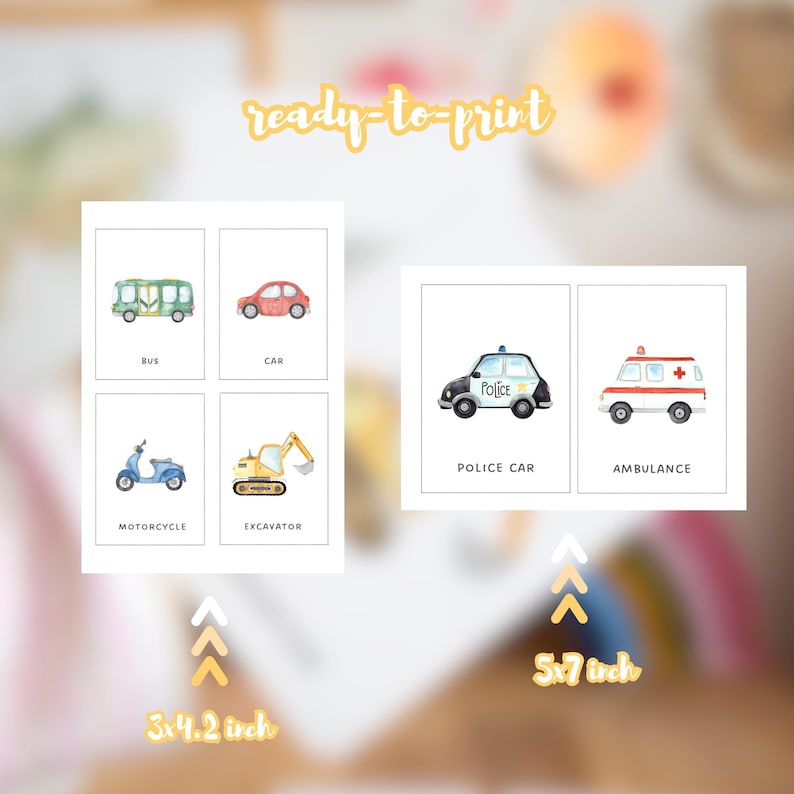 May include: Watercolor illustrations of various vehicles on white cards. The cards include a bus, car, motorcycle, excavator, police car, and ambulance. The image also includes the text "ready-to-print" and dimensions of 3x4.2 inches and 5x7 inches.