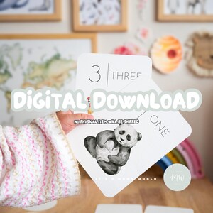 Puede incluir: Una descarga digital para un conjunto de tarjetas imprimibles con n&uacute;meros y animales. Las tarjetas muestran un panda sosteniendo un coraz&oacute;n, un pollo y los n&uacute;meros 1 y 3 con las palabras "uno" y "tres".