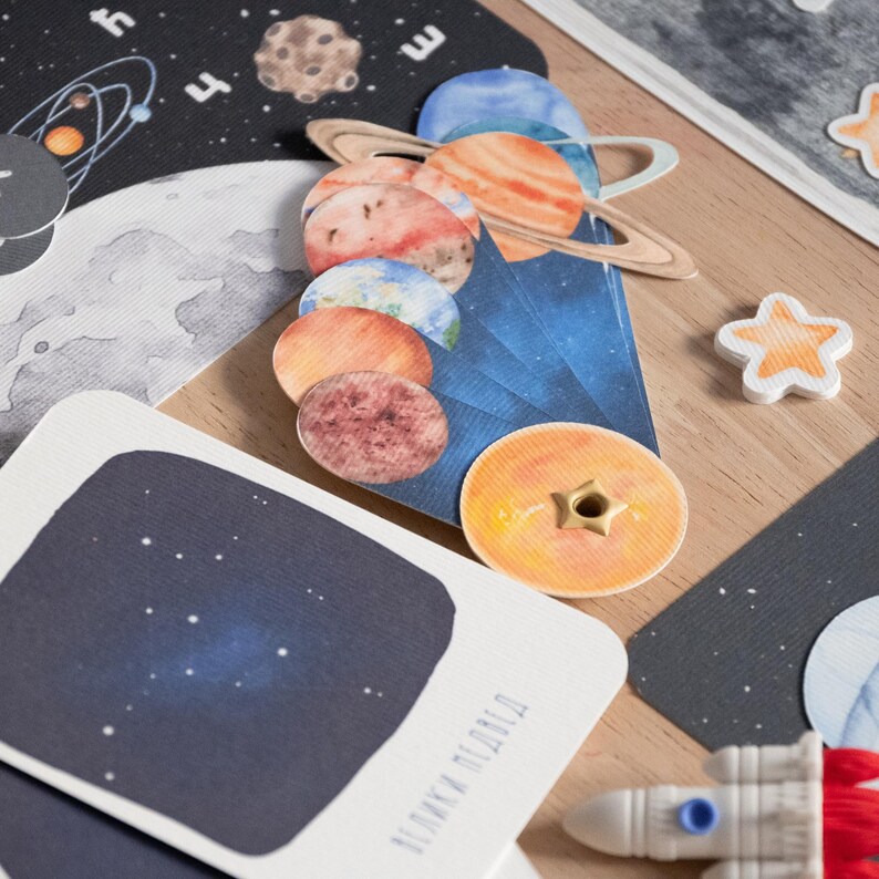 Może przedstawiać: Zestaw kolorowych planet namalowanych akwarelą z pierścieniami, gwiazdą i rakietą. Planety są ułożone w linii, ze słońcem na końcu. Planety są oznaczone nazwami w ręcznie pisanym foncie. Tło jest ciemnoniebieskie z gwiazdami.