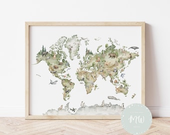 Animal World Map Poster: Kids Playroom Decor (Digital Download)