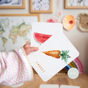 Montessori Obst und Gemüse Karteikarten | Interaktive Lebensmittel-Lernkarten | Digitaler Download & druckbare Lern-Lern-Karteikarten für Kinder