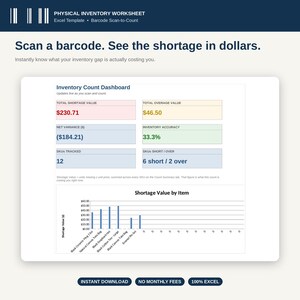 Physical Inventory Count Spreadsheet, Excel Barcode Scanner Template, Stock Count Sheet, Shortage & Variance Tracker for Small Business