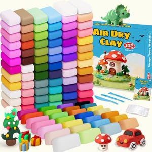 May include: A set of 102 blocks of air dry clay in various colors, arranged in stacks and rows. The set includes a blue box labeled Air Dry Clay, three blue plastic sculpting tools, and clay figures of a dinosaur, mushroom house, tree, and car.