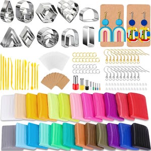 May include: A collection of craft supplies including metal clay cutters in various shapes, yellow sculpting tools, earring hooks, jump rings, and colorful polymer clay blocks. Two pairs of colorful earrings are displayed on cardboard.