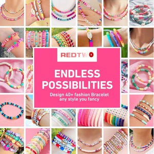 May include: A collage of colorful beaded bracelets and necklaces. The jewelry features various designs, including letter beads spelling out words like "LOVE" and "FREEDOM". The image includes the text "ENDLESS POSSIBILITIES" and "Design 40+ fashion Bracelet any style you fancy".
