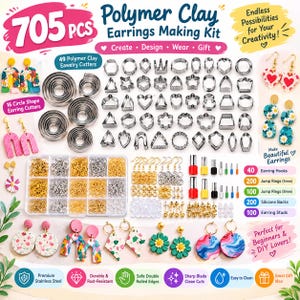 May include: A 705-piece polymer clay earring making kit featuring 49 stainless steel cutters in various geometric shapes, a storage box with gold and silver jump rings, earring hooks, studs, silicone backs, and several finished earring samples.