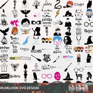 May include: A collection of black and white Harry Potter-themed SVG designs. Includes silhouettes of characters, quotes, and iconic symbols like glasses, lightning bolts, and the Hogwarts crest. The text "WILDBLOOM SVG DESIGN" is at the bottom.