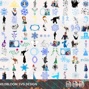 May include: A collection of digital SVG designs featuring characters and elements from the Disney movie "Frozen." Includes silhouettes of Elsa, Anna, Olaf, snowflakes, and other related graphics. The text "WILDBLOOM SVG DESIGN" is at the bottom.