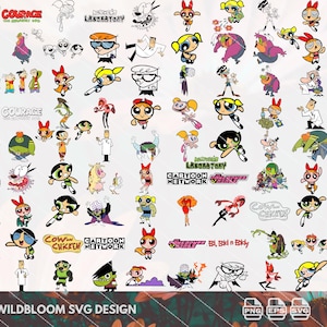 May include: A colourful digital illustration featuring various cartoon characters from popular animated television shows, including Courage the Cowardly Dog, The Powerpuff Girls, Dexter's Laboratory, and Ed, Edd n Eddy. The illustration is set against a white background and includes the text "WILDBLOOM SVG DESIGN" at the bottom.
