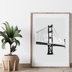Minimalist Black and White Bridge Art Print – Modern Suspension Bridge Wall Decor