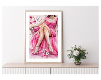 Elegant Woman in Pink Dress Wall Art – Fashion Illustration Print, Feminine Chic Decor