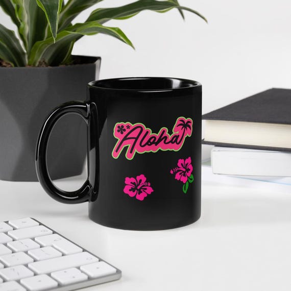 Black Mug With Pink Aloha Design, Palm Trees & Flowers  Tropical Coffee Mug  for Vacation Feeling and Good Mood | Eye-catching Gift - Etsy Canada