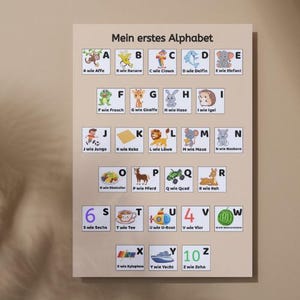 May include: Educational poster titled "Mein erstes Alphabet" featuring the German alphabet with corresponding images. Each letter is paired with a word and illustration, such as "A wie Affe" (A like monkey). The poster is designed for early childhood education.