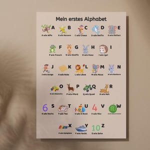 May include: A colorful educational poster titled "Mein erstes Alphabet" features the German alphabet with illustrations. Each letter is paired with a corresponding image and word, such as "A wie Affe" (A like monkey). The poster is designed for early learning.