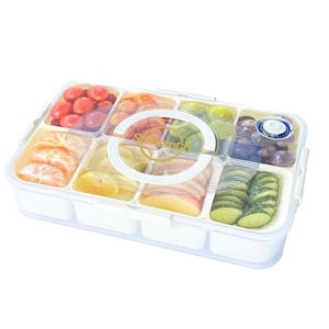 May include: A white plastic food storage container with several compartments, filled with various fruits and vegetables. The container includes cherry tomatoes, orange slices, lemon wedges, apple slices, grapes, and sliced cucumbers. The lid has the text "SnackGo".