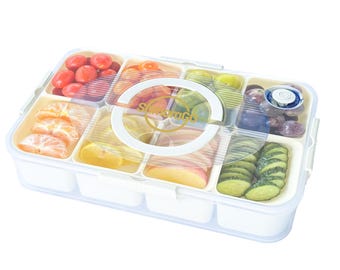 SamoraGO スナックボックス、食器洗い機対応、8 つのコンパートメントを備えた密閉容器、果物や野菜に最適な仕切り付きサービングトレイ