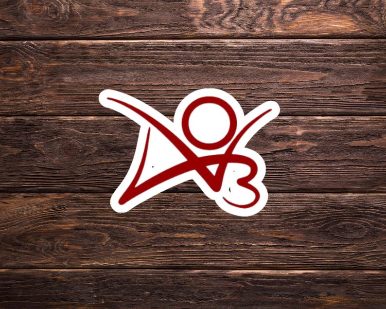 May include: Red and white sticker with a stylized person figure with arms outstretched. The figure is outlined in white and filled in with red.