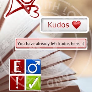 May include: A red and white sticker with a person jumping for joy. The sticker is on a book with the text "Kudos" and a red heart. The text "You have already left kudos here. :)" is also visible on the book.