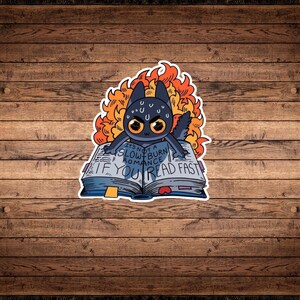 May include: A black cat with orange flames around it is reading a book that says "It's not a slow burn romance if you read fast".