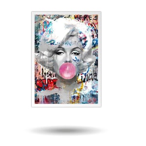 Marilyn Monroe & Audrey Hepburn Pop Art Canvas, Bubble Gum Wall Art, Modern Abstract Portrait, Glam Home Decor, Large Wall Art