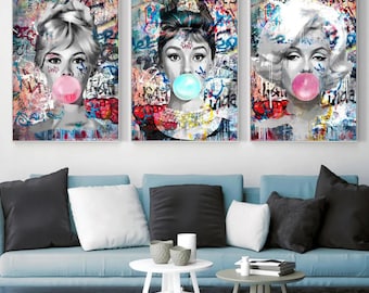 Marilyn & Audrey Pop Art Canvas Print: Bubble Gum Glam Decor