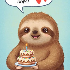 Divertida tarjeta de cumpleaños atrasada con un perezoso: tarjeta electrónica digital imprimible con un perezoso para felicitar a alguien por un cumpleaños atrasado